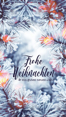 Christmas background for mobile with twigs, lights and text in German - Frohe Weihnachten und ein gutes neues Jahr