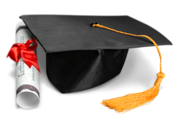 Graduation hat and diploma on white background
