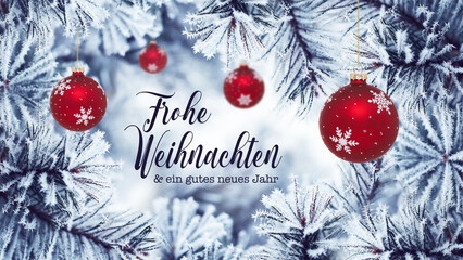 Christmas New Year's card with branches, baubles and text in German - Frohe Weihnachten und ein gutes neues Jahr - 543193960
