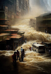 AI generated image of an apocalyptic landscape. Floods ruining a city. City destroyed by Tsunami waves
