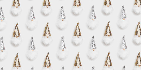 Christmas wide banner. Cute dwarfs with white beard and glittering sequins on cap white background....