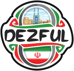 Dezful Iran Flag Travel Souvenir Sticker Skyline Landmark Logo Badge Stamp Seal Emblem EPS