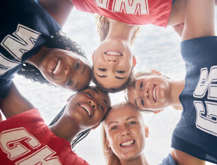 Netball, sports and women in circle for trust, teamwork and strategy game planning with support, teamwork and motivation. Diversity, athlete girl group huddle together talking of competition mission