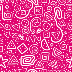 Pink seamless pattern. Triangles, serpentine, dots, square spirals, circles, squares and zigzag. Fun white line doodle shape background. Abstract. Textile, print, fabric, wrapping paper.