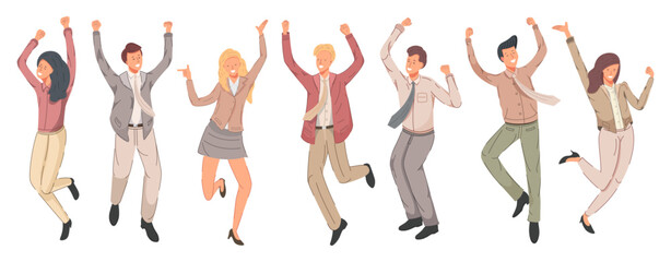 Happy business people rejoice and jump for joy vector illustration. Cheerful employees celebrating victory. 
