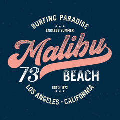 Malibu Beach California - Vintage Tee Design For Printing. Good For Poster, Wallpaper, T-Shirt, Gift. - obrazy, fototapety, plakaty