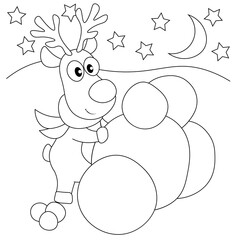 A cute deer wearing a scarf is building a snowball fort. Coloring book for children