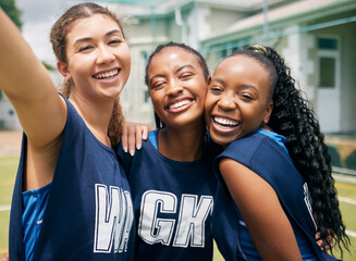 Sports, team and girl netball selfie, hug with fitness and college or school club with outdoor...