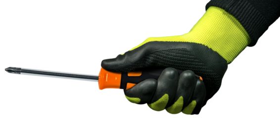 Manual worker with black and green protective work gloves holding a phillips head screwdriver (cross shape) with black and orange plastic handle. Isolated on white or transparent background, png.