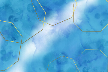 Abstract background with watercolor brushes digitally drawn by hands with golden graphic figures.