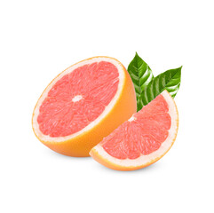 Ripe half of pink grapefruit citrus fruit with leaves isolated on transparent background. (.PNG)