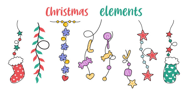 Christmas element set designed in doodle style on a white background For Christmas themed decorations, card design, digital prints, stickers, gifts, scrapbook and more.