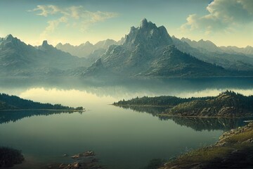 mountain and lake landscape view - obrazy, fototapety, plakaty