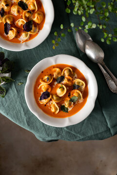 tomato soup with cappelletti pasta, cream and basil
