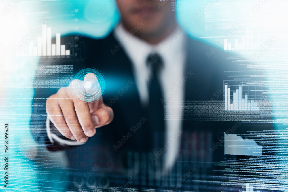 Aufkleber Hologram, technology and digital trading data analytics with business man using AI for stock market, investment and finance growth chart. Double exposure and future software with hand of trader male