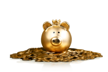 Golden piggy bank surrounded by coins - isolated image