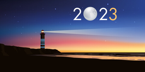 Fototapeta Carte de voeux 2023 avec le concept du phare symbolisant le point de repère permettant de suivre la bonne direction pour relever les défis et les couronner de succès. obraz