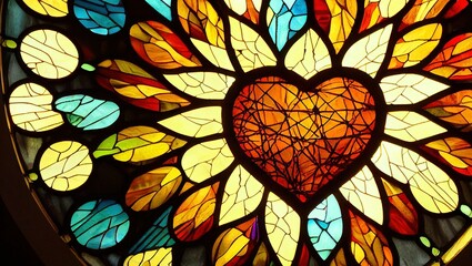 View of a stained glass representing a flaming orange heart with colorful particles - obrazy, fototapety, plakaty