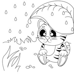 A cute tiger cub sits under a leaf, hiding from the rain. Coloring book for children