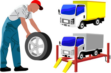 Mechanic repairs trucks