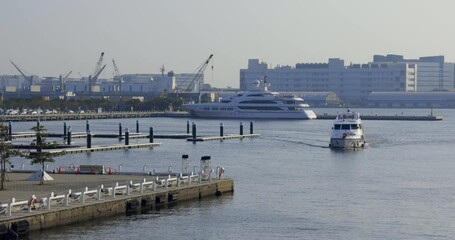 Kaohsiung, Taiwan, 27 August 2022: Kaohsiung harbor bay skyline in Taiwan