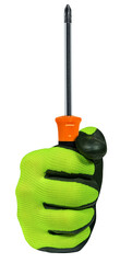 Manual worker with black and green protective work gloves holding a phillips head screwdriver...