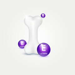 Vitamin E ball purple help strengthen bone. Healthy knee bone human bone anatomy. Skeleton x ray scan concept therapy. Medical or healthcare. Isolated on white background. Realistic 3d Vector.	