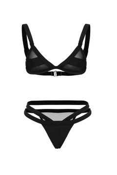 Subject shot of a two-piece black swimsuit composed of low-rise bikinis with a decorative belt and a shoulder strap bra with mesh inserts. The photo is made on the white background. Front view.