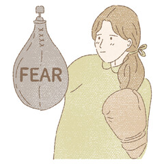 Young woman wearing boxing gloves facing fear. Fighting bad emotions, encouraging yourself,  Hand drawn flat cartoon character vector illustration in colored pencil texture.