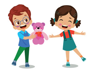 cute boy giving teddy bear to his girlfriend