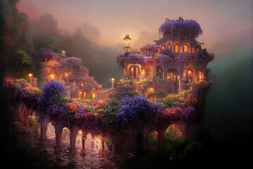 AI generated image of a fantasy fairy-tale castle covered with flowers and overlooking a river - obrazy, fototapety, plakaty