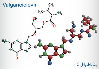 Valganciclovir molecule. It is antiviral medication used to treat cytomegalovirus, CMV, infection in those with HIV, AIDS. Structural chemical formula, molecule model.
