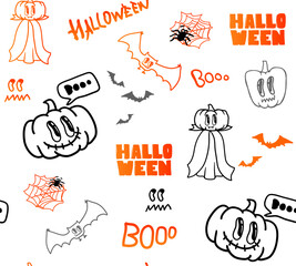 Abstract seamless Halloween pattern with cartoon pumpkin illustration, fly Bat, web and spider silhouette, Booo.