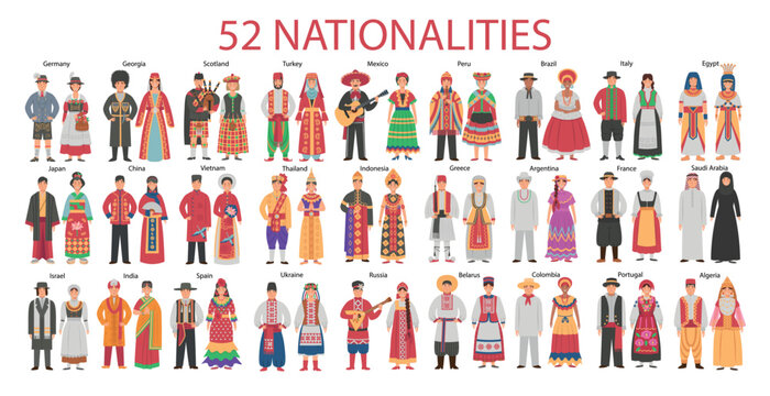 Big set of men and women in folk costumes from different countries. Set of people in ethnic clothes. Character for children. Flat vector illustration.