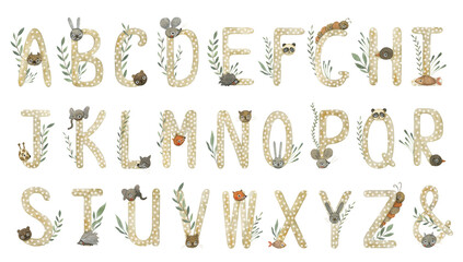 Watercolor set with cute alphabet. Funny letters with animals and greenery