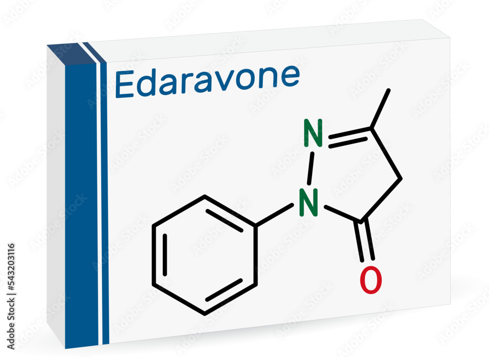 Sticker Edaravone molecule. It is used for treatment of amyotrophic lateral sclerosis ALS. Skeletal chemical formula. Paper packaging for drugs