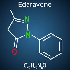 Edaravone molecule. It is used for treatment of amyotrophic lateral sclerosis ALS. Structural chemical formula on the dark blue background