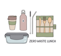 Set of reusable items for lunch. No single use plastic, Zero waste lifestyle, Eco living concept