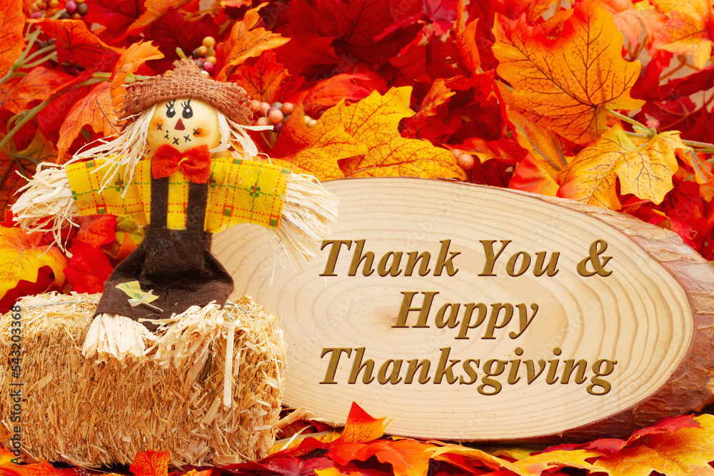 Poster Happy Thanksgiving greeting with scarecrow and fall leaves - Posters