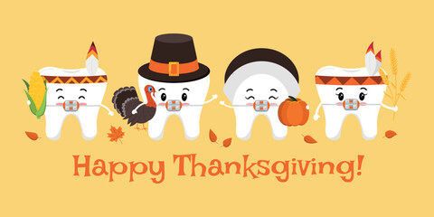 Thanksgiving happy teeth in braces on dentist card. Cute tooth in pilgrim hat with pumpkin and turkey in hand and in indian feather headband with corn and wheat ear. Flat cartoon vector illustration.