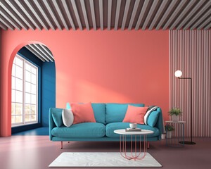 Colorful Scandinavian living room with decoration on living coral color wall and arched door. 3d rendering