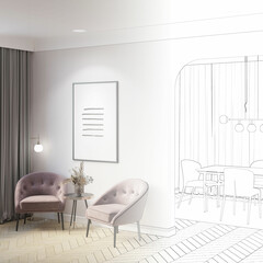 A sketch becomes an elegant interior with a vertical poster next to an archway to a dining room, flowers in a vase on a coffee table between two chairs, and a floor lamp near curtains. 3d render