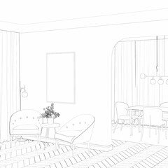 Sketch of the elegant interior with a vertical poster next to an archway to a dining room, flowers in a vase on a coffee table between two elegant chairs, and a floor lamp near curtains. 3d render