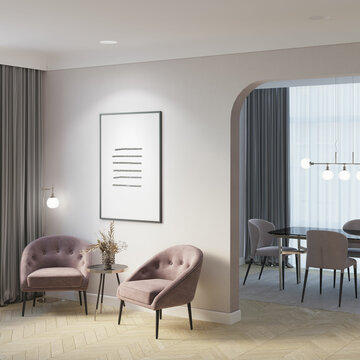 Elegant interior with an illuminated vertical poster next to an archway to a dining room, flowers in a vase on a coffee table between two elegant chairs, and a floor lamp near gray curtains. 3d render