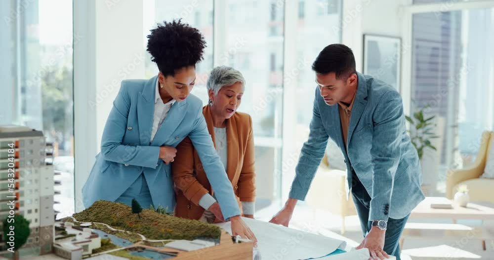 Aufkleber Architecture, team and collaboration of architects talking blueprint and 3d design model and development in office. Man and women planning building construction project with teamwork and innovation