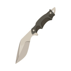 Steel combat huntsman knife with black handle cartoon illustration. Warrior blade, hunting or military knife on white background. Weapon, protection concept