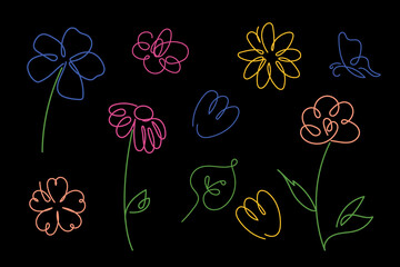Minimal floral line art on a black background. Flowers colorful palette in continuous line art style. Floral for invitations, cards, print, gift wrapping, manufacturing, textile, fabric, wallpapers.