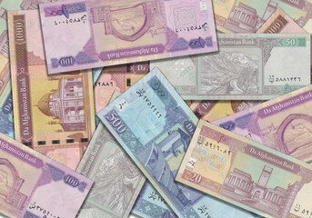 Paper money from  Afghanistan. Afghan afghani. Close up banknotes from  Afghanistan.  Afghan currency 3D render