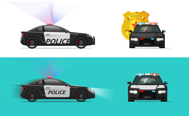 Police cop car vector or patrol officer vehicle with siren flasher moving fast side and front view flat cartoon illustration isolated on blue image © vladwel