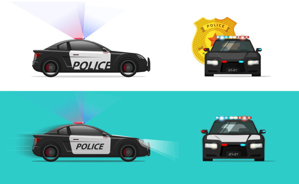 Police cop car vector or patrol officer vehicle with siren flasher moving fast side and front view flat cartoon illustration isolated on blue image